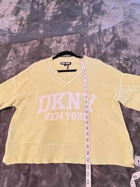 DKNY Yellow V-Neck Logo Sweater with White Print